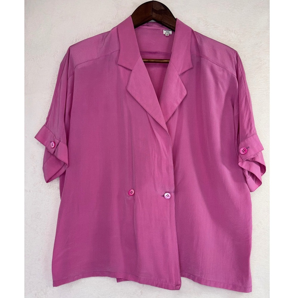 VINTAGE 100% SILK BLOUSE Pink Blazer Top Short Sleeve V Neck Double 90s 80s 10